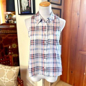 NWT - EQUIPMENT White Red Blue Plaid Sleeveless Button Down Silk Top – XS